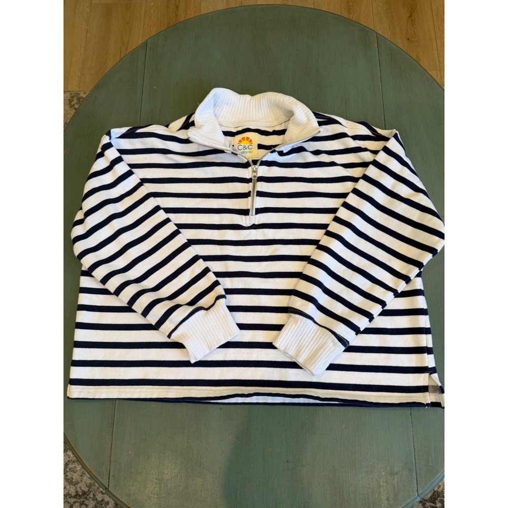 C&C California Womens Striped Quarter Zip Pullover Sweatshirt Navy White Large